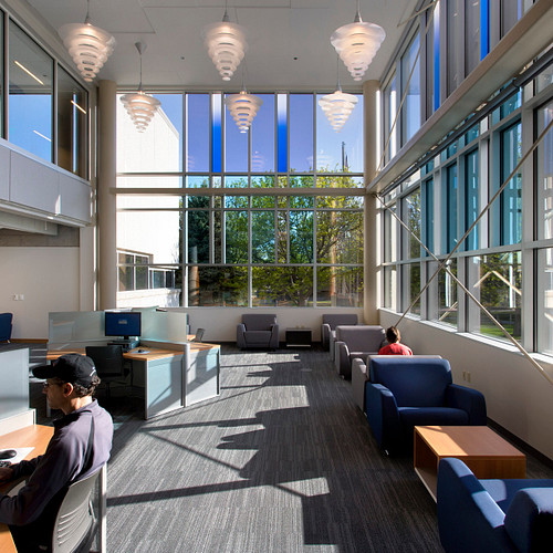 Sela Lounge Furniture, Strive Task Chair, and Unite System in a library; versatile seating in a study space at Colorado State University, suitable for office and higher education spaces
